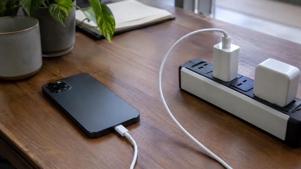 گوشی هوشمند متصل به شارژر دیواری کوچک با کابل USB-C روی میز چوبی، کنار یک شارژر دیگر